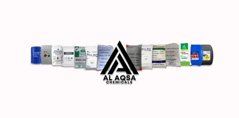 The Al Aqsa Chemicals range: bags, drums and cans of the chemicals the shop supplies